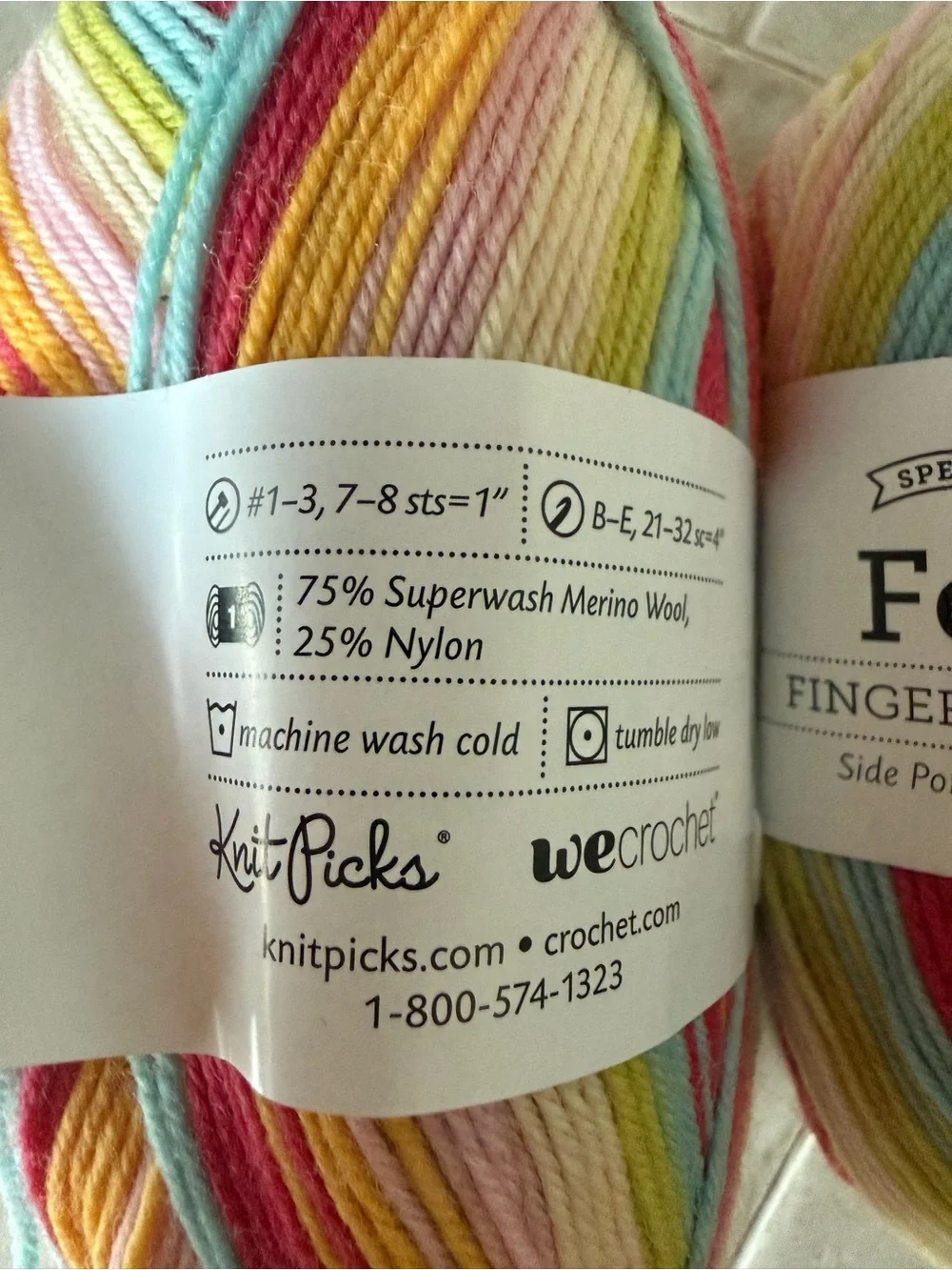 Felici Fingering Weight Yarn - Multicolor Pastel Stripes 2 Skeins Side Pony
